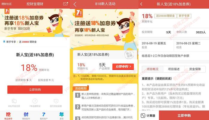 挖财宝新人领28888元体验金+18%加息券 收益可提现