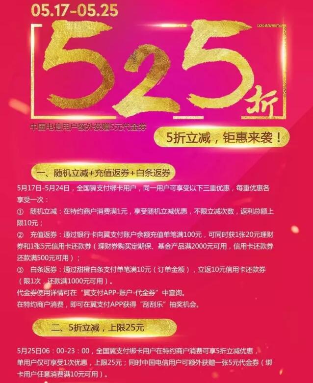 翼支付5月电商联盟活动 充值返券+5折立减优惠