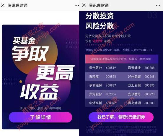 微信理财通学习买基金知识领取满10-5元券（新老用户均可）