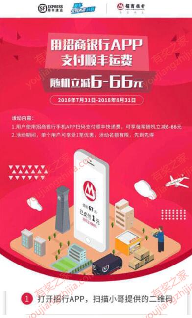 寄顺丰快递使用招商银行app扫码支付立减6-66元优惠活动