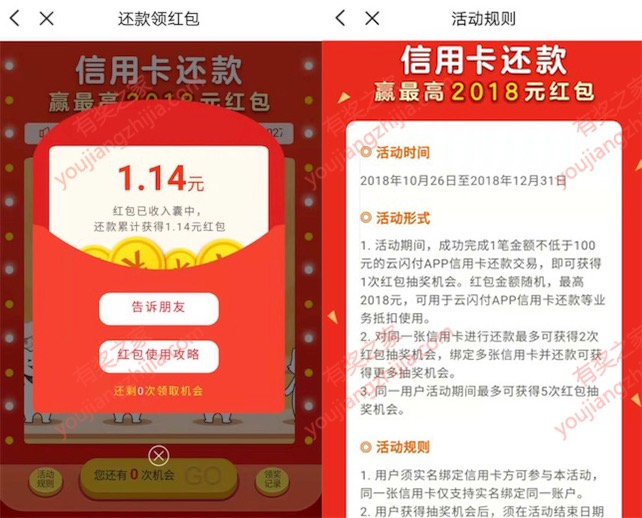 云闪付app还信用卡免费领最高2018元红包（可参加5次）
