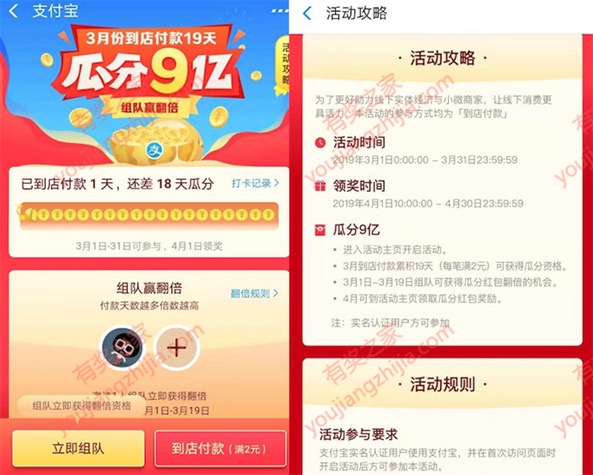 支付宝到店付款瓜分9亿红包活动怎么参加？组队翻20倍