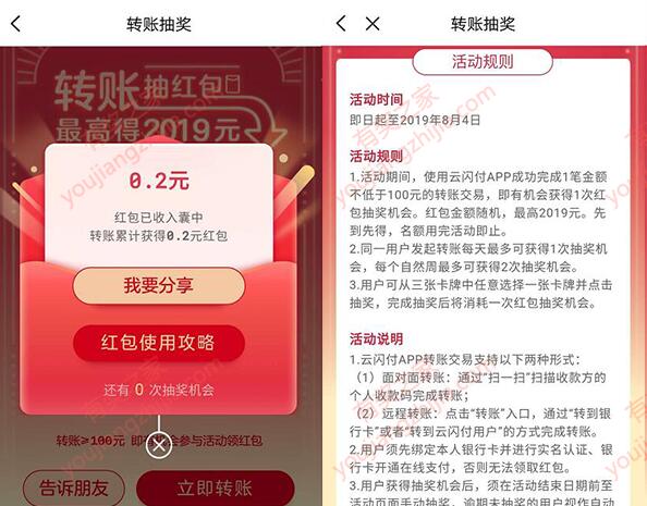 云闪付app转账抽红包第三期活动开始了（每周抽2次）_www.youjiangzhijia.com