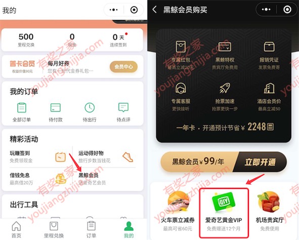 99元购买一年同程黑鲸会员(赠送12个月爱奇艺会员奖励)