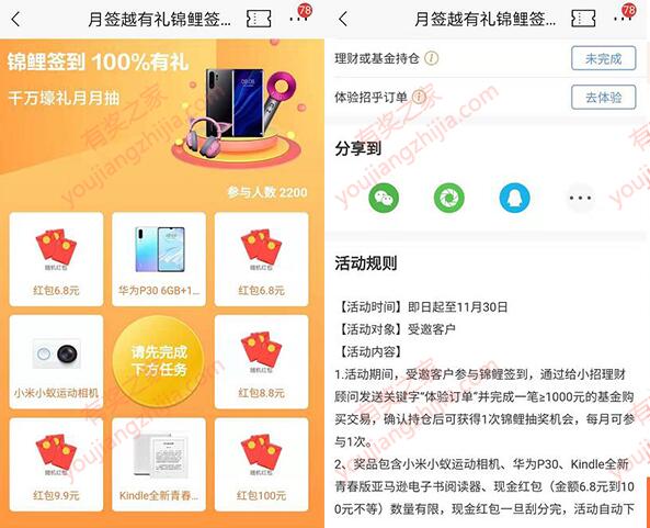 招商银行锦鲤月月抽好礼活动 体验理财或基金领最少6.8元现金红包_www.youjiangzhijia.com