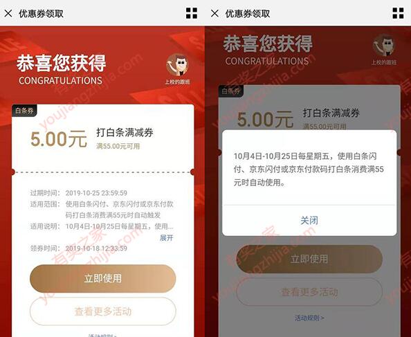 京东5元白条优惠券免费领（每周五领55-5白条代金券）_www.youjiangzhijia.com