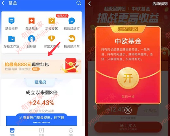 支付宝超级品牌日免费领中欧基金8元财运金