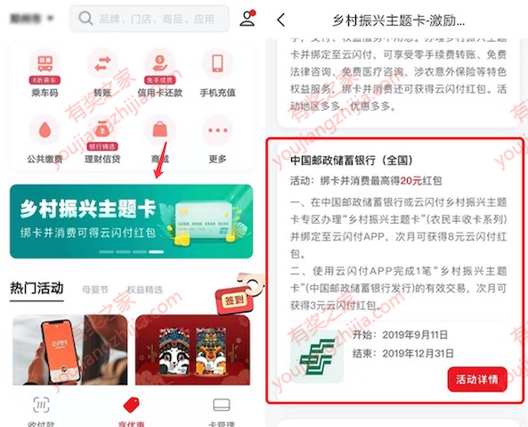 邮政银行办理农民丰收卡消费次月领11元云闪付红包