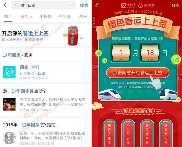 支付宝搜过年回家集上上签免费兑换10.96出行券包(打车券)_www.youjiangzhijia.com