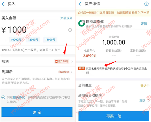 支付宝理财免费领5.18元 购买国寿周周盈7天无损套_www.youjiangzhijia.com