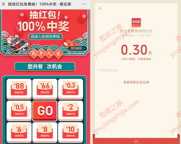 微信奥买家手机号登陆抽奖100%领0.3-88元微信红包_www.youjiangzhijia.com