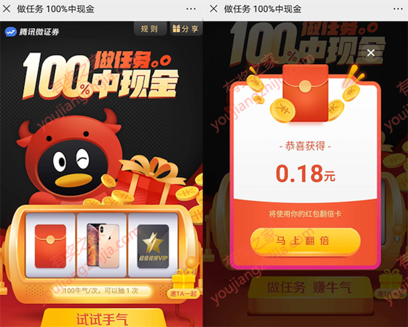 腾讯微证券做任务领牛气值100%领随机现金红包奖励_www.youjiangzhijia.com