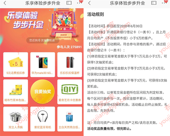 招商银行乐享体验理财领3次抽奖机会（必中5元话费券/实物奖励）_www.youjiangzhijia.com