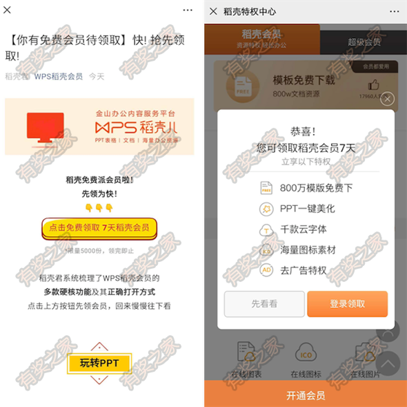 wps稻壳会员7天免费领取 800万模板免费使用_www.youjiangzhijia.com