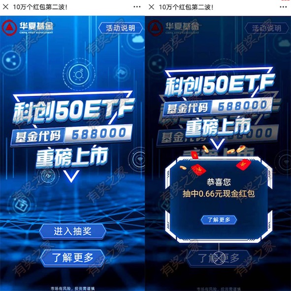 华夏基金科创50ETF重磅上市送10万个红包 实测领取0.66元