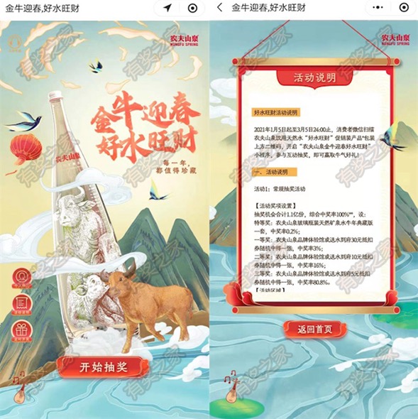 农夫山泉金牛迎春 2021年免费抽农夫山泉金牛纪念瓶活动入口