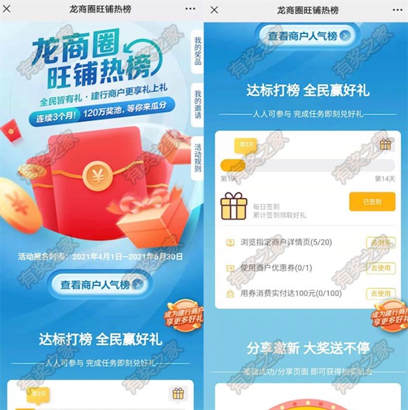 建行龙商圈打榜做任务领取最高30元话费奖励