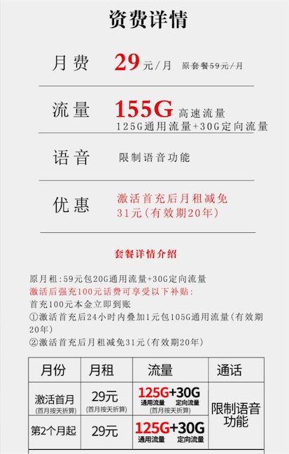 电信纱灯卡每月29元155G流量20年不变